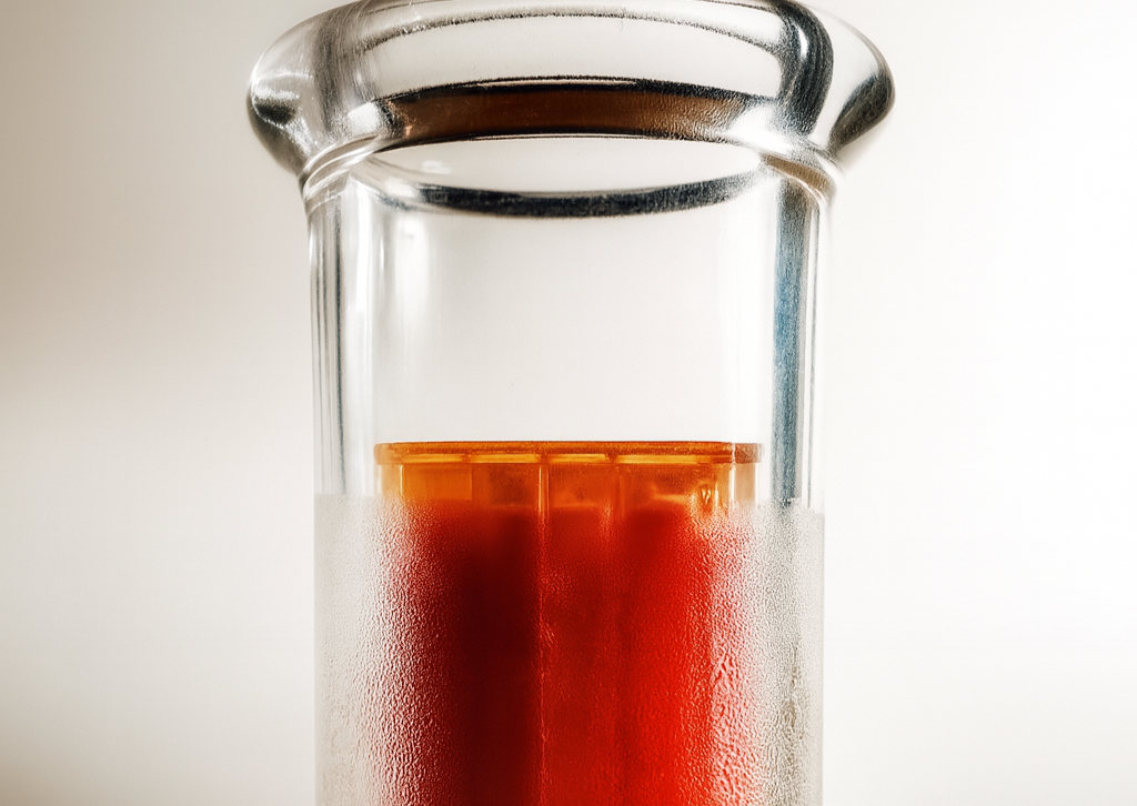 Roter Bongkühler in Glasbong – Bong Kühler mit beschlagenem Glas durch Kälte